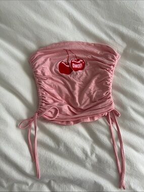 Pink Ruched Tube Top with Cherries- omighty